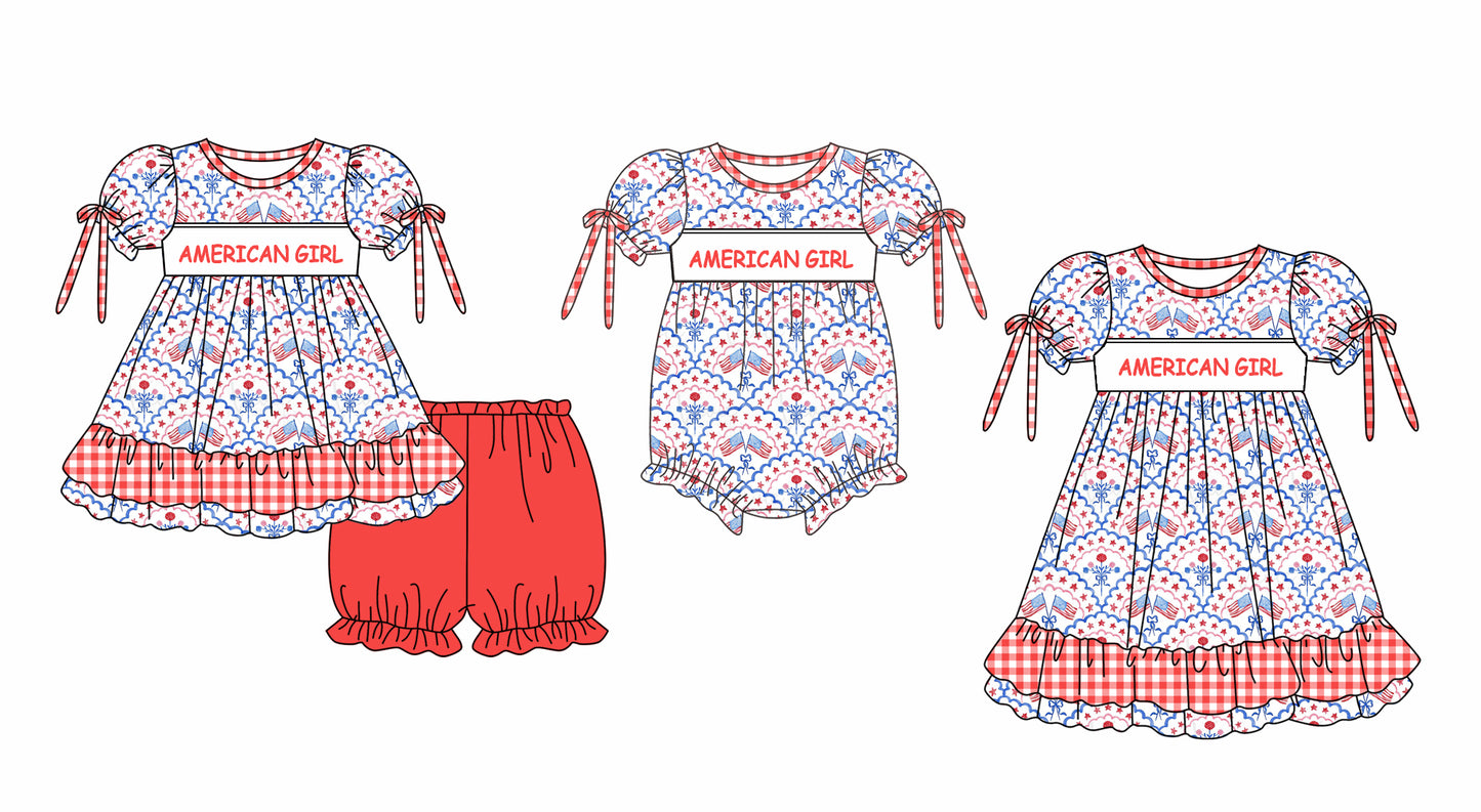 11.25 custom each style moq 5eta 4-6week Sibling Sister AMERICA GIRL baby girl short sleeve shorts sets and dress and rompers match family design