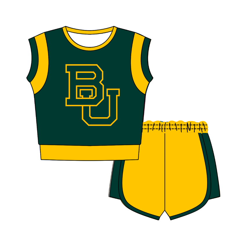 Custom moq 5 mix size milk silk summer teams Green Sleeveless O-Neck Top And Shorts Set Cute And Comfortable Kids' Outfit