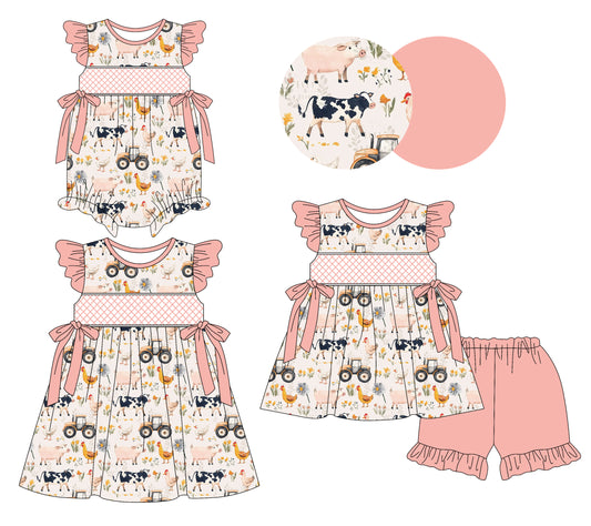3.10 custom each style moq 5eta 4-6week Sibling Sisters farm animal baby girl short sleeve shorts sets and dress and rompers match family design