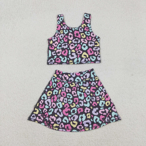 RTS NO MOQ Sibling Baby Girls Sleeveless Colorful Leopard Print Yoga Set Vest Skirt Shorts Active Wear Outfit for Toddlers