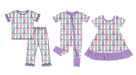 25.10.4 custom each style moq 8 eta 6-8week Sibling Sisters bunny baby girl short sleeve pants sets and dress and rompers match family design