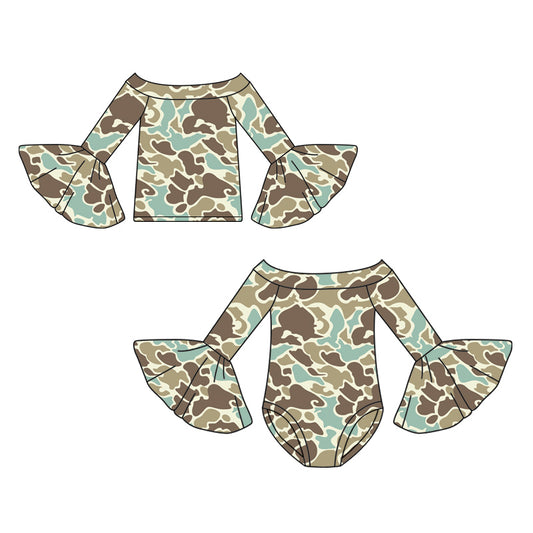 25.7.23 custom each style moq 5eta 4-6week Sibling Sisters camouflage baby girl long sleeve romper and top match family design