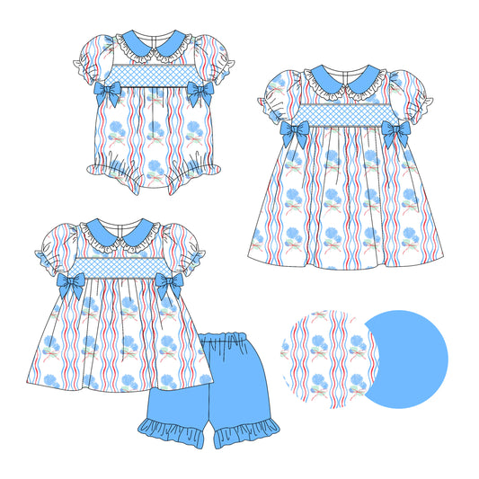 3.14 custom each style moq 5eta 4-6week Sibling Sisters bow floral baby girl short sleeve shorts sets and dress and rompers match family design