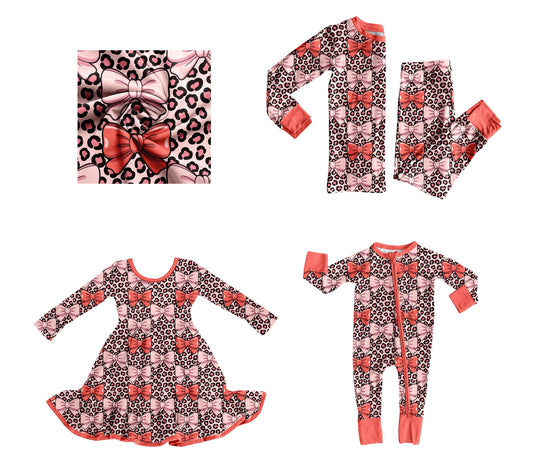 25.9.4 custom each style moq 5eta 4-6week Sibling Sisters leopard bow baby girl long sleeve pants sets and dress and rompers match family design