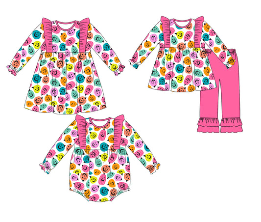 25.6.11 custom each style moq 5eta 4-6week Sibling Sisters pumpkin smiley baby girl long sleeve pants sets and dress and rompers match family design