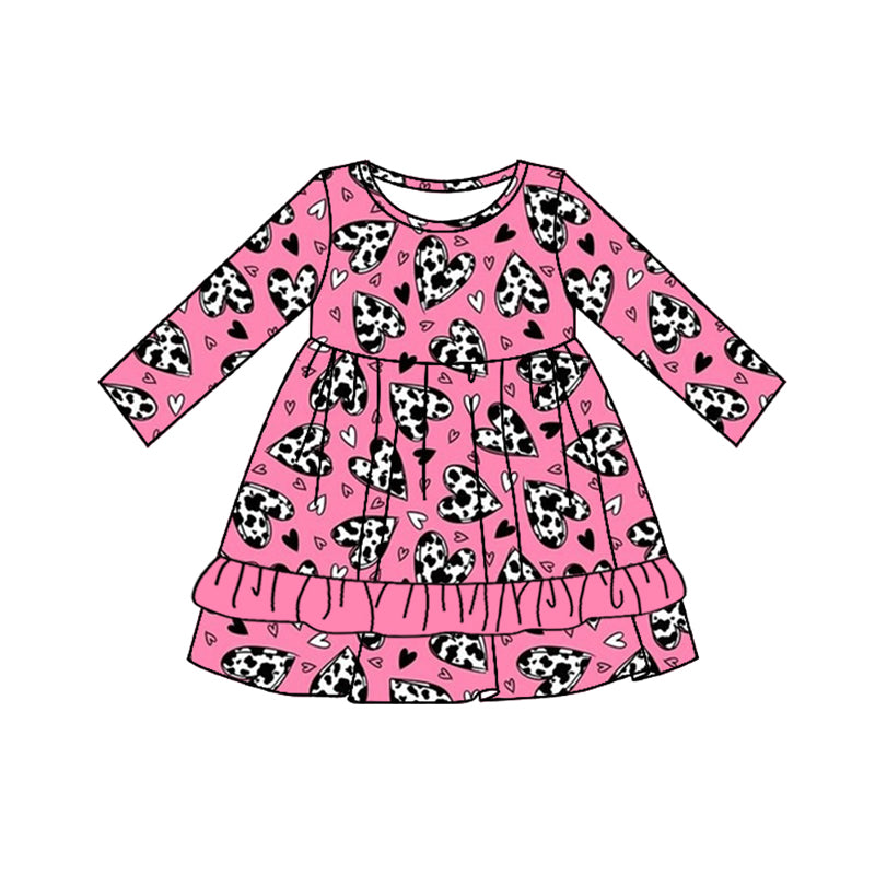 9.6 custom each style moq 5eta 4-6week Sibling Sister cow pattern love pink baby girl sets and dress and rompers match family design
