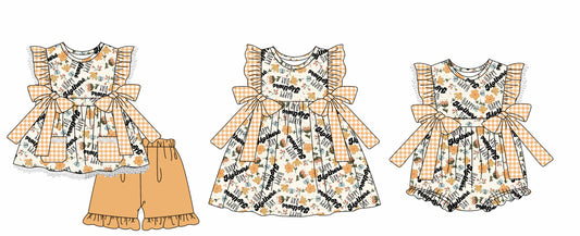 12.3 custom each style moq 5eta 4-6week Sibling Sister HAPPY baby girl short sleeve shorts sets and dress and rompers match family design