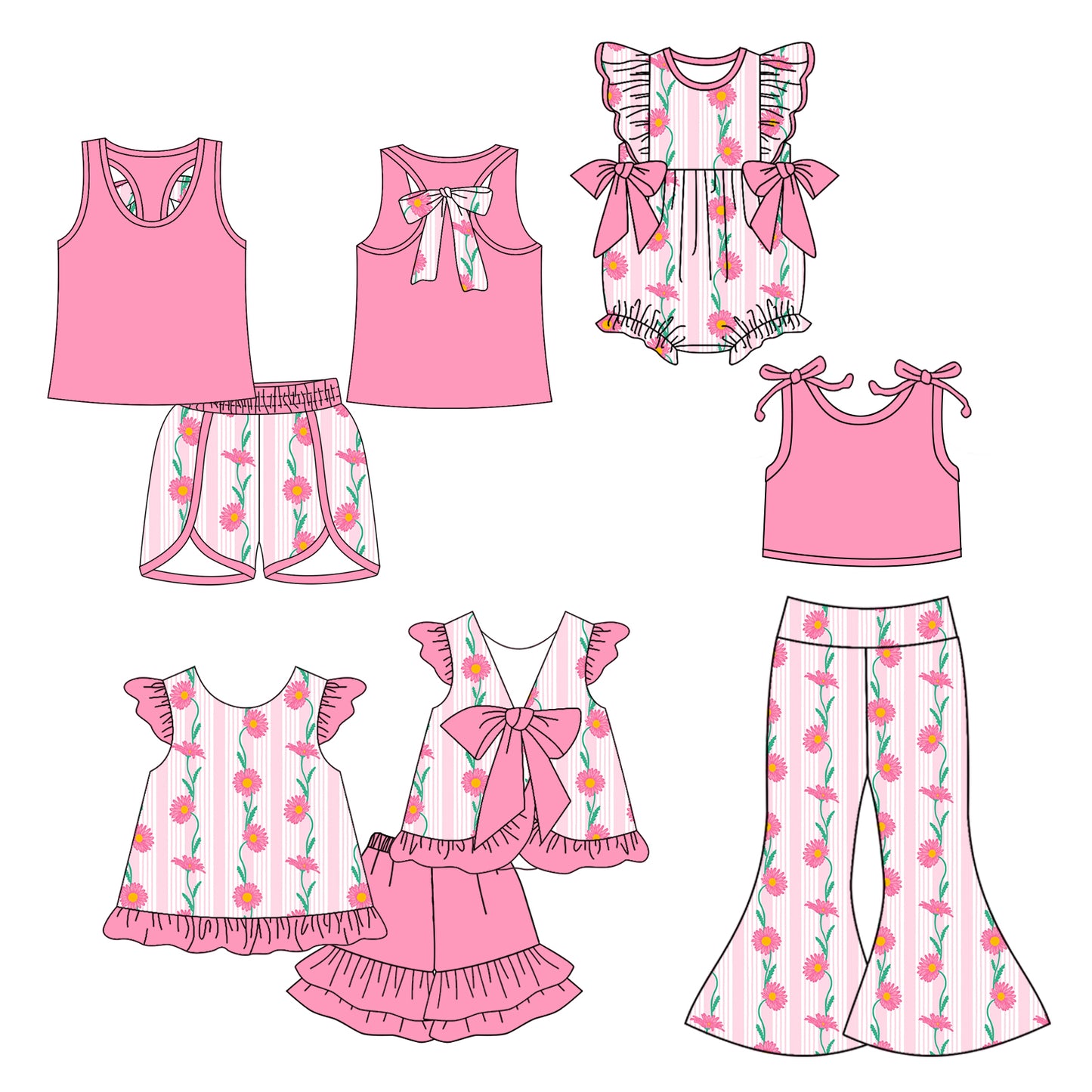 4.24 custom each style moq 5eta 4-6week Sibling Sisters floral baby girl short sleeve shorts sets 1 and sets 2 and pants sets and rompers match family design