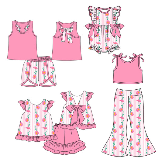4.24 custom each style moq 5eta 4-6week Sibling Sisters floral baby girl short sleeve shorts sets 1 and sets 2 and pants sets and rompers match family design