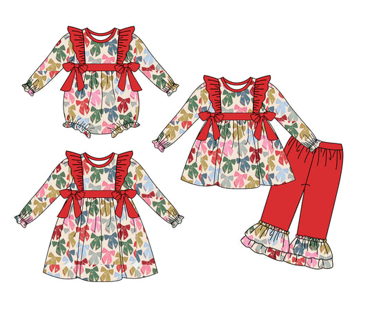 25.6.5 custom each style moq 5eta 4-6week Sibling Sisters bow baby girl long sleeve pants sets and dress and rompers match family design