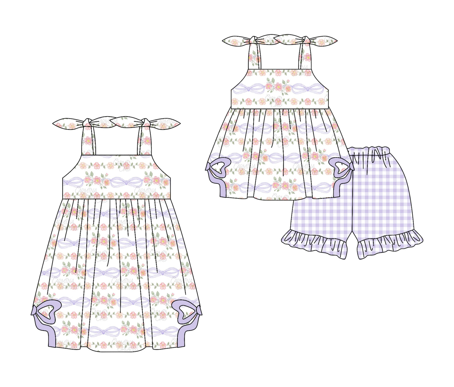 3.5 custom each style moq 5eta 4-6week Sibling Sister floral bow baby girl short sleeve shorts sets and dresses match design