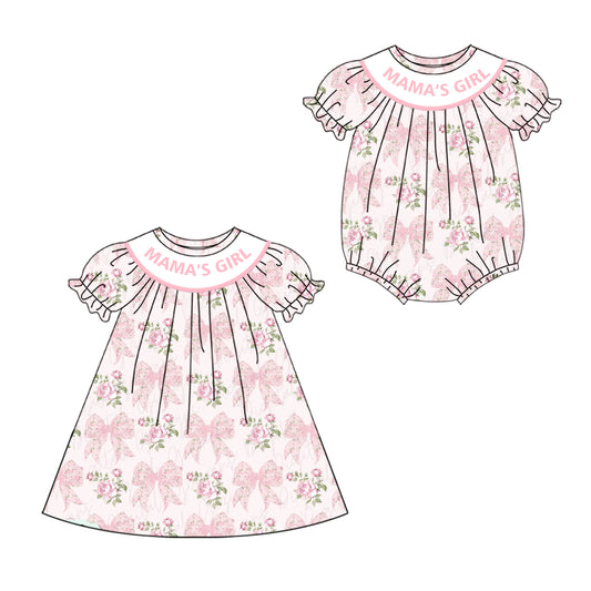 4.19 custom each style moq 5eta 4-6week Sibling Sisters MAMA GIRL bow floral baby girl short sleeve dress and rompers match family design
