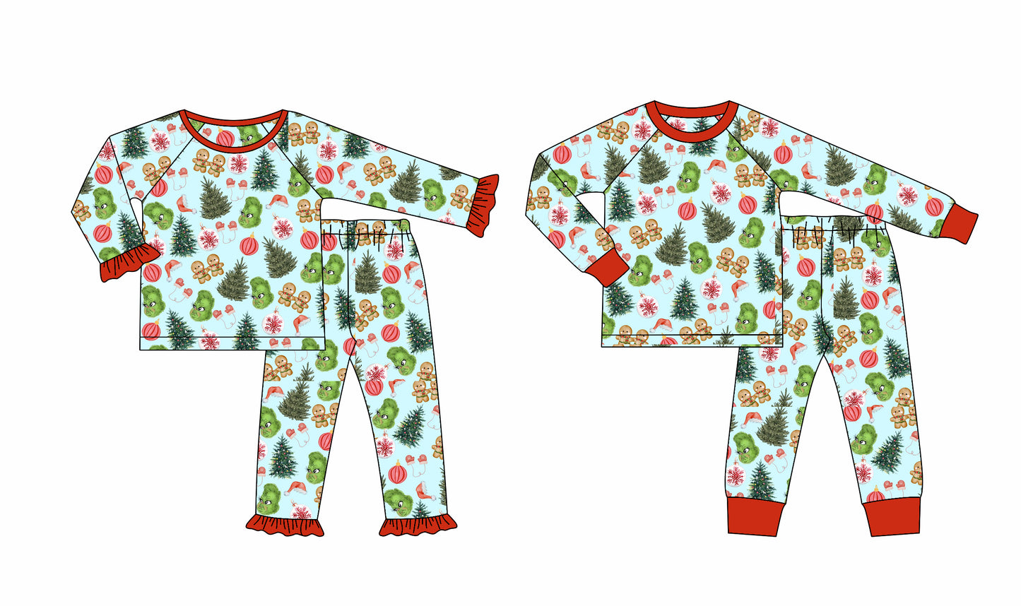 25.8.14 custom each style moq 5eta 4-6week Sibling Sisters Christmas trees baby boy long sleeve pants sets 2 match family design