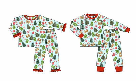 25.8.14 custom each style moq 5eta 4-6week Sibling Sisters Christmas trees baby boy long sleeve pants sets 2 match family design