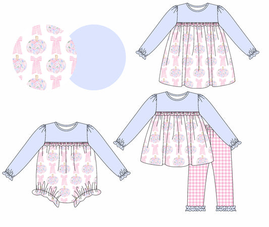 25.6.24 custom each style moq 5eta 4-6week Sibling Sisters pumpkin bow baby girl long sleeve pants sets and dress and rompers match family design