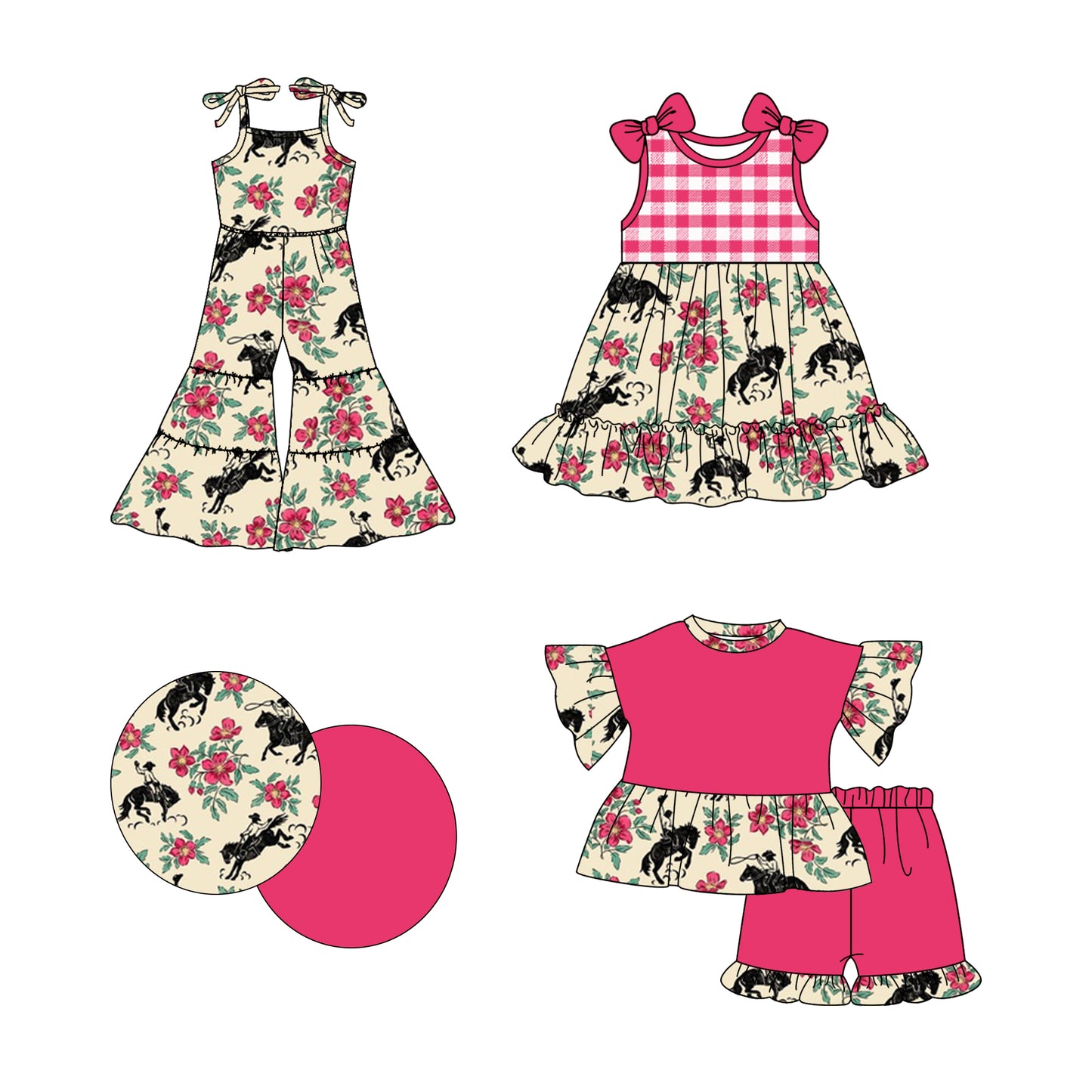2.19 custom each style moq 5eta 4-6week Sibling Sister riding horse floral baby girl sets and dress and jumpsuit match family design