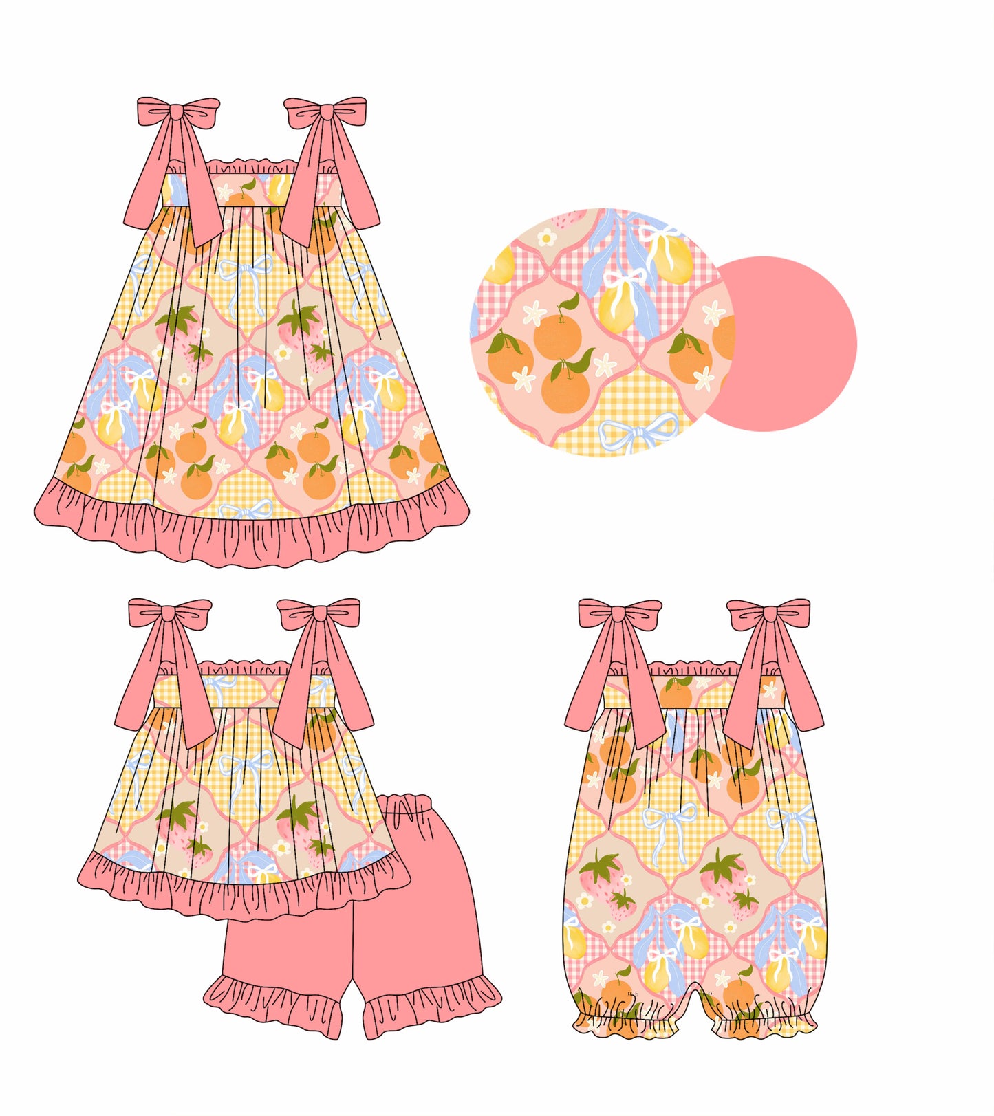2.11 custom each style moq 5eta 4-6week Sibling Sisters bow baby girl short sleeve shorts sets and dress and rompers match family design