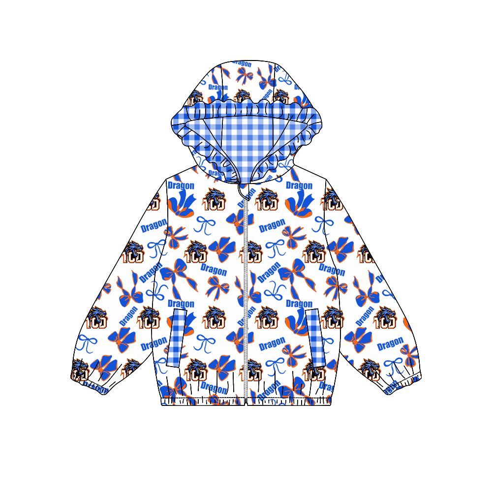 custom moq 5 mix size MSD071010 Baby Girls Bow Print Long Sleeve Zipper Hooded Team Jacket Tops