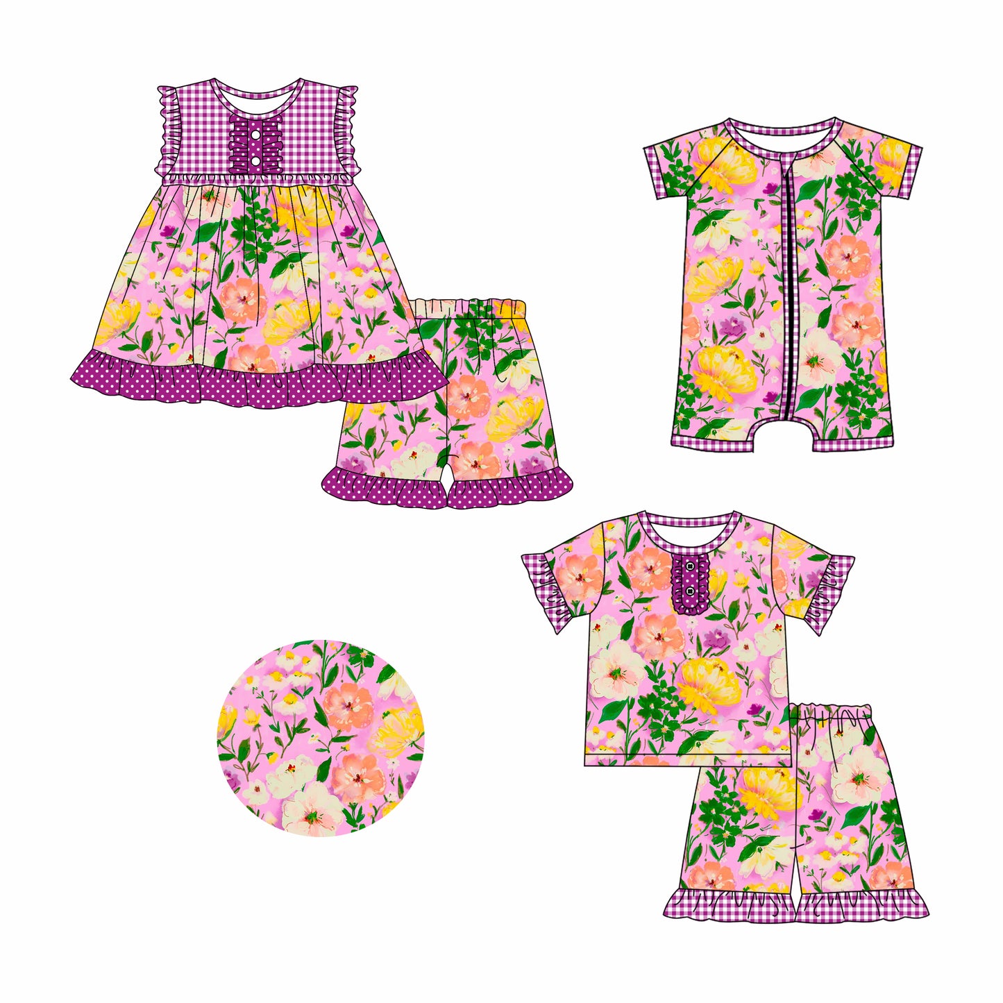 2.26 custom each style moq 5eta 4-6week Sibling Sister floral baby girl short sleeve shorts sets and sets 2 and boy romper match design