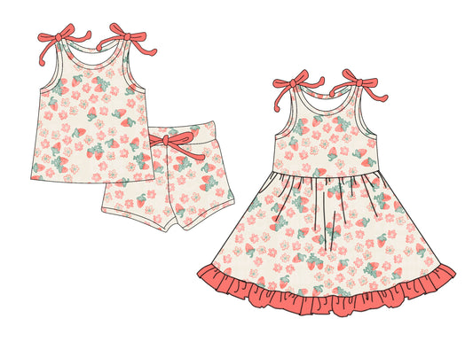 4.10 custom each style moq 5eta 4-6week Sibling Sister strawberry floral baby girl short sleeve shorts sets and dresses match design