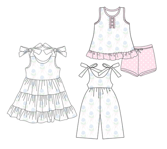 3.20 custom each style moq 5eta 4-6week Sibling Sister bow floral baby girl short sleeve shorts sets and dresses and jumpsuit match design