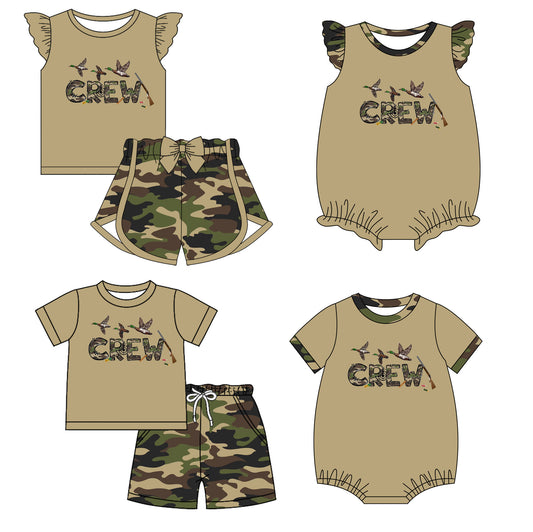 11.29 custom each style moq 5eta 4-6week Sibling Sister CREW duck camouflage baby girl short sleeve shorts sets and sets 2 and girls romper and boy romper match design