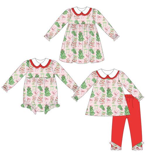 25.5.16 custom each style moq 5eta 4-6week Sibling Sisters Christmas trees baby girl long sleeve pants sets and dress and rompers match family design