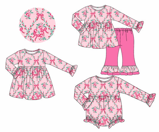 25.7.8 custom each style moq 5eta 4-6week Sibling Sisters bow floral baby girl long sleeve pants sets and dress and rompers match family design