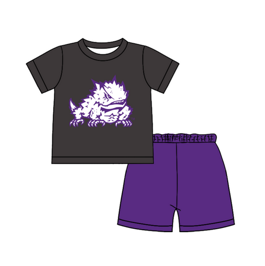 Custom moq 5 mix size milk silk summer teams Baby Boy's Black Short-Sleeved O-Neck Top And solid color Shorts Set