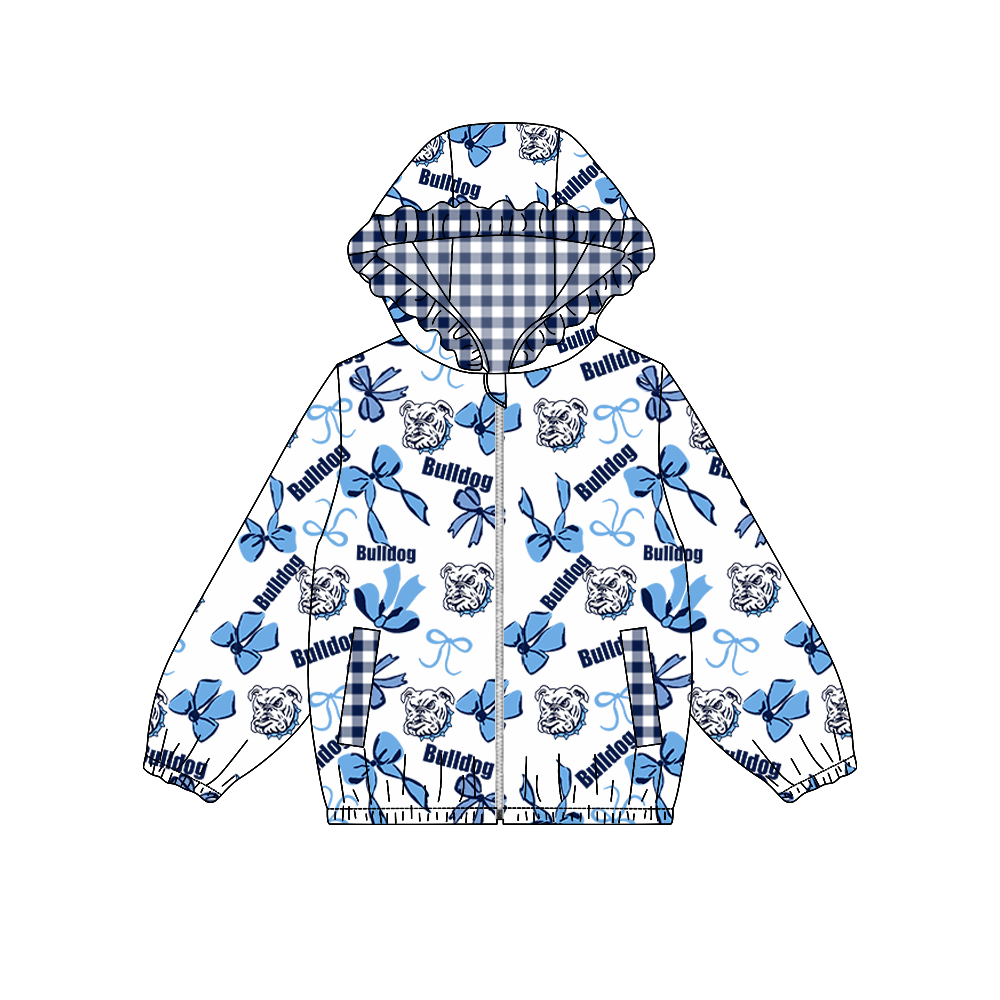custom moq 5 mix size MSD071110 Baby Girls Team Bow Print Long Sleeve Zipper Hooded Jacket Tops