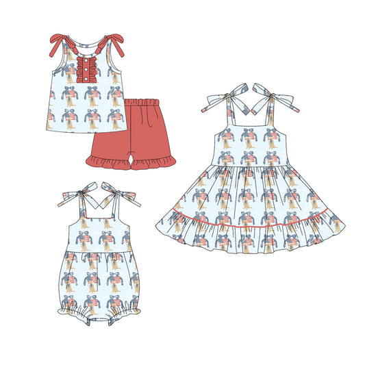 4.17 custom each style moq 5eta 4-6week Sibling Sisters puppy flag bow baby girl short sleeve shorts sets and dress and rompers match family design