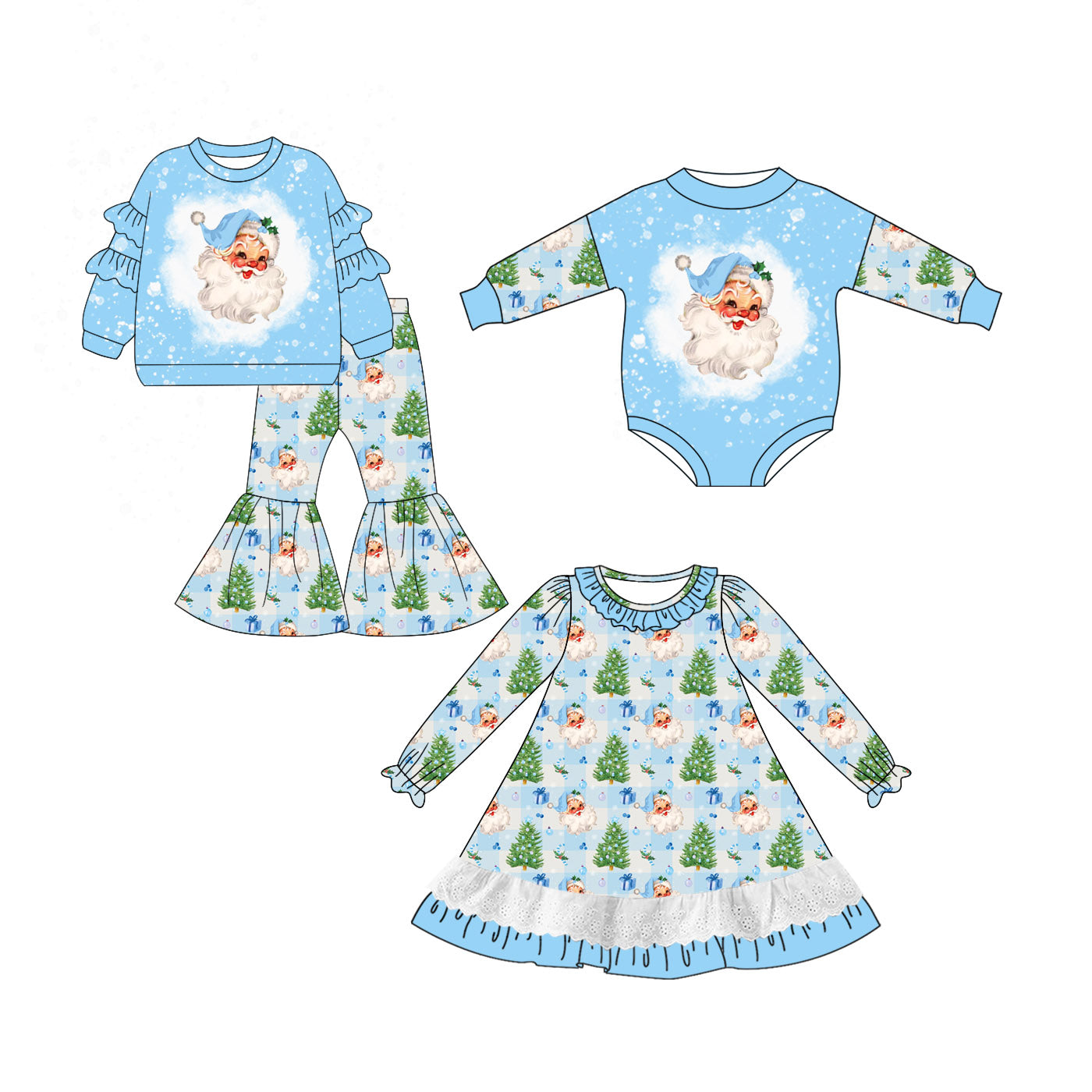25.7.1 custom each style moq 5eta 4-6week Sibling Sisters Christmas blue baby girl long sleeve pants sets and dress and rompers match family design