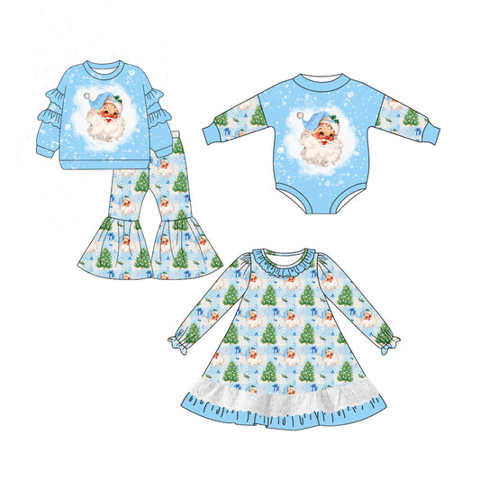 25.7.1 custom each style moq 5eta 4-6week Sibling Sisters Christmas blue baby girl long sleeve pants sets and dress and rompers match family design