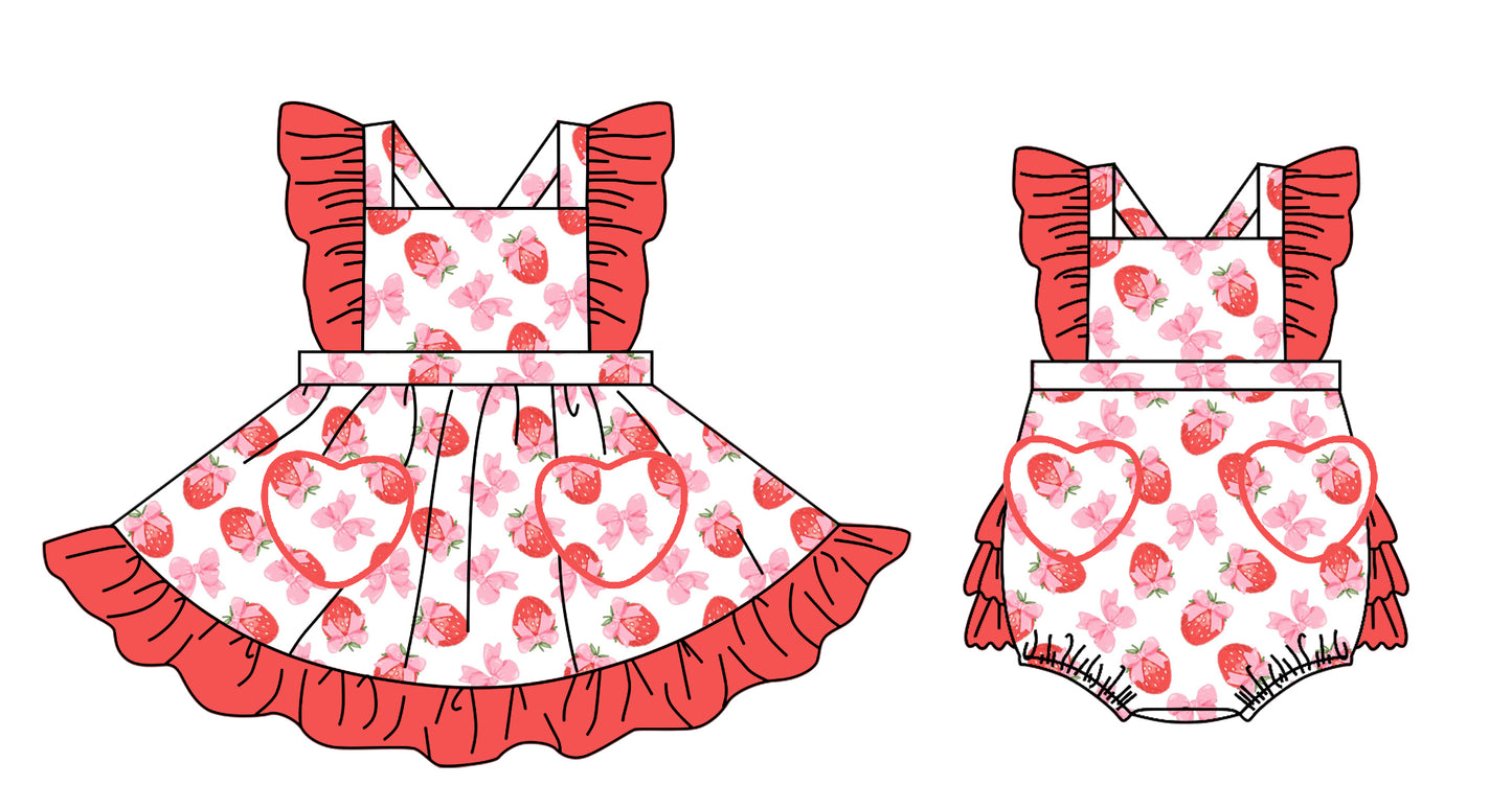 11.11 custom each style moq 5eta 4-6week Sibling Sister strawberry bow boots baby girl short sleeve dress and rompers match family design