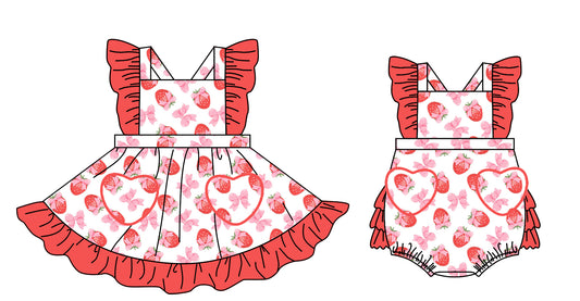 11.11 custom each style moq 5eta 4-6week Sibling Sister strawberry bow boots baby girl short sleeve dress and rompers match family design