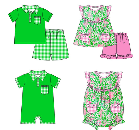 11.18 custom each style moq 5eta 4-6week Sibling Sister floral pattern baby girl short sleeve shorts sets and sets 2 and girls romper and boy romper match design