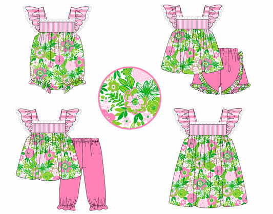 4.4 custom each style moq 5eta 4-6week Sibling Sisters floral baby girl short sleeve pants sets and shorts sets and dress and rompers match family design