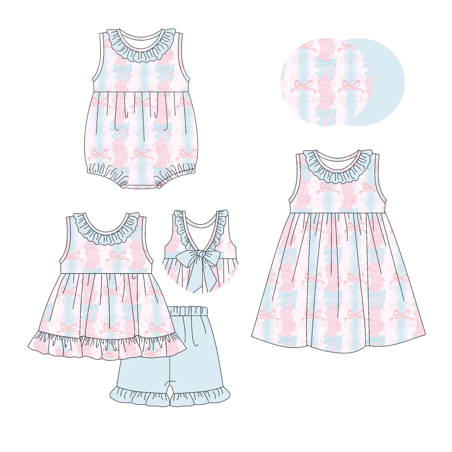 3.6 custom each style moq 5eta 4-6week Sibling Sisters bow floral baby girl short sleeve shorts sets and dress and rompers match family design
