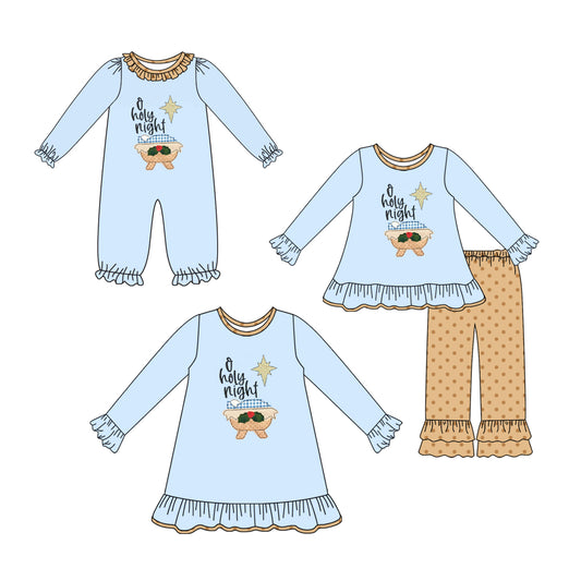 25.7.9 custom each style moq 5eta 4-6week Sibling Sisters blue baby girl long sleeve pants sets and dress and rompers match family design