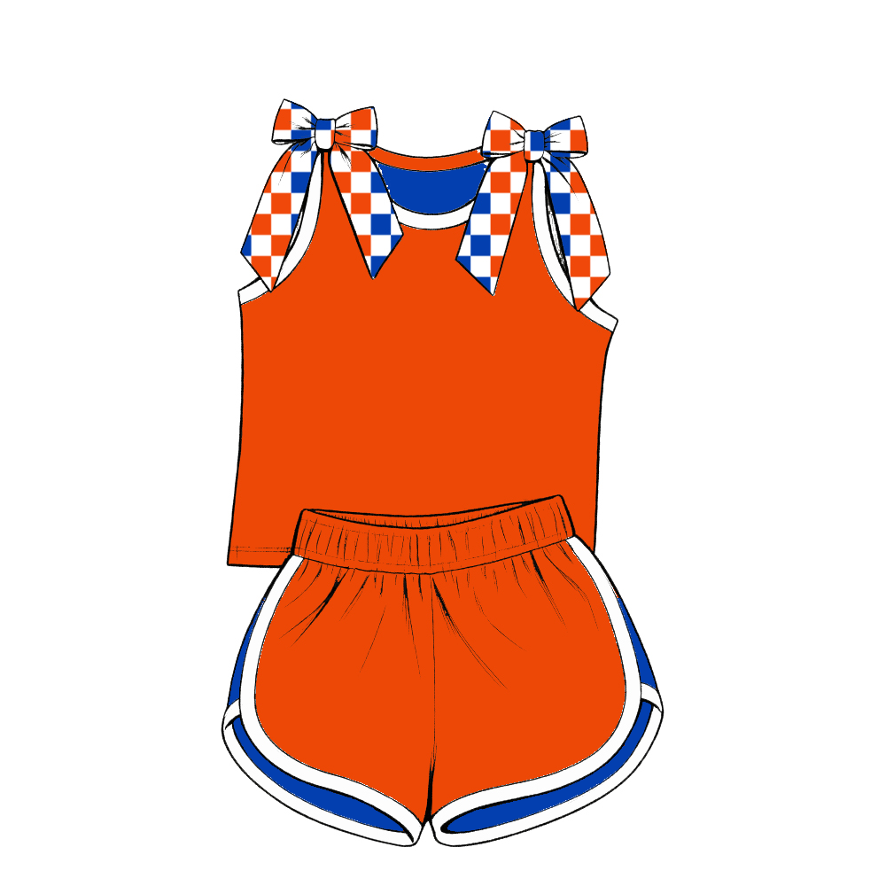 custom moq 5 mix size Baby Girls Bow Sleeveless Orange Top Shorts Summer Casual Clothes Set