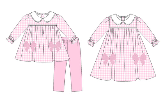 25.5.13 custom each style moq 5eta 4-6week Sibling Sisters bow pink baby girl long sleeve pants sets and dress match family design