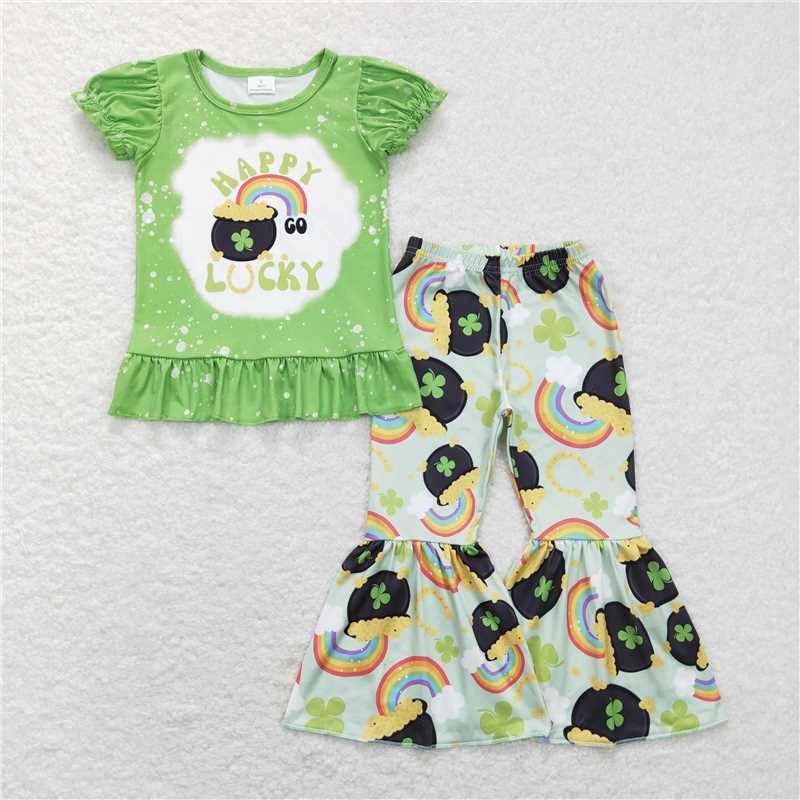 RTS NO MOQ St. Patrick's Four Leaf Clover Short Sleeve Pants Suit