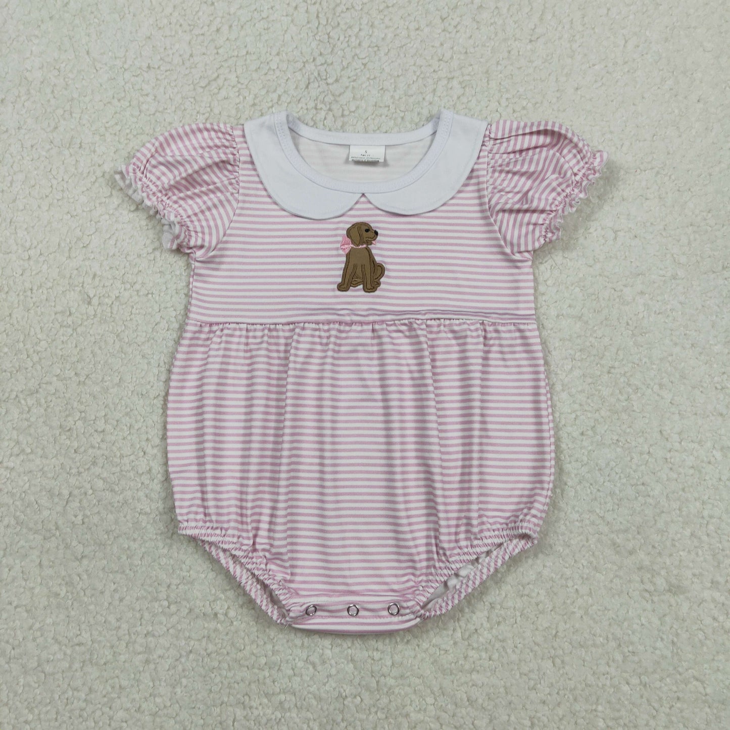 RTS NO MOQ（In Stock ) SR3476 Embroidered Puppy Collar Pink Striped Short-Sleeve Jumpsuit