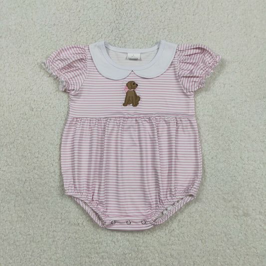 RTS NO MOQ（In Stock ) SR3476 Embroidered Puppy Collar Pink Striped Short-Sleeve Jumpsuit