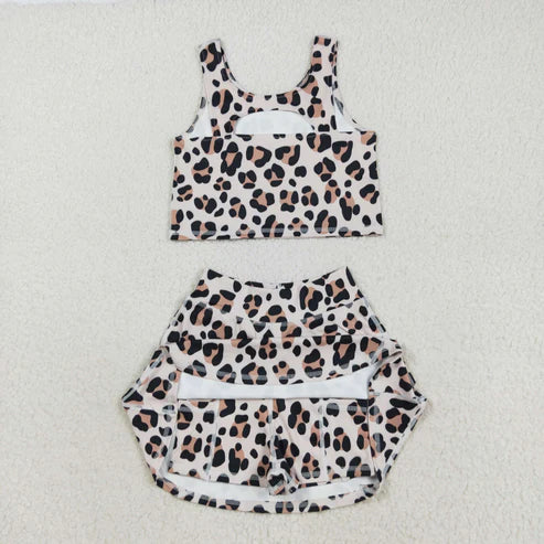 RTS NO MOQ Sibling Baby Girls Sleeveless Colorful Leopard Print Yoga Set Vest Skirt Shorts Active Wear Outfit for Toddlers