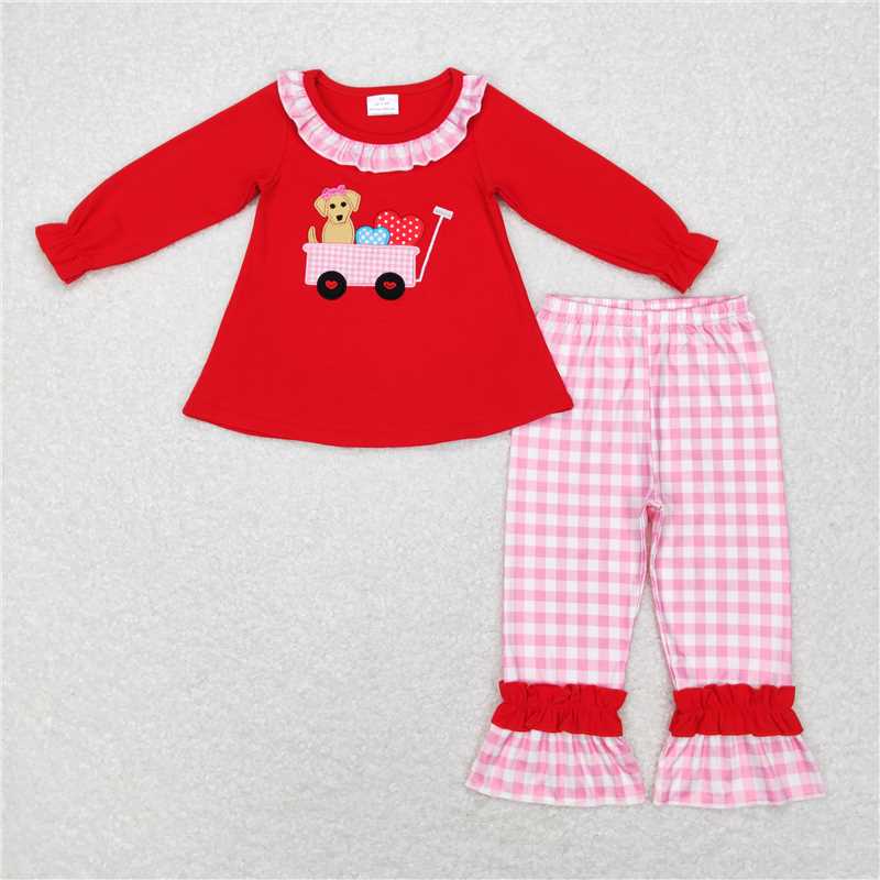 RTS NO MOQ（In Stock) GLP0900 Baby girl Toddler embroidery Valentine Shirts Pants Clothes Sets