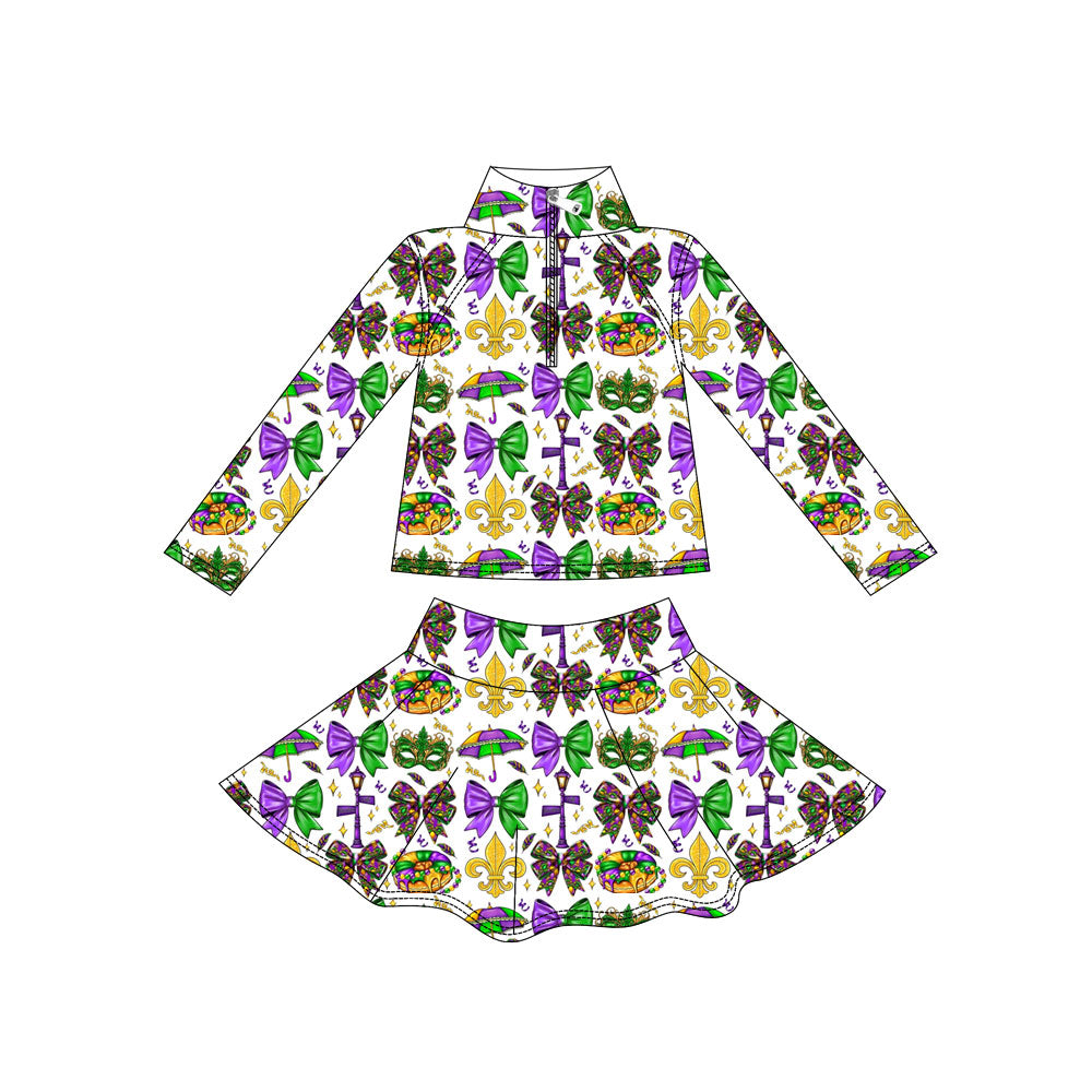 Custom moq 5 mix size milk silk summer baby girls clothes mardi gras bow long sleeve skirts sets-25.11.7