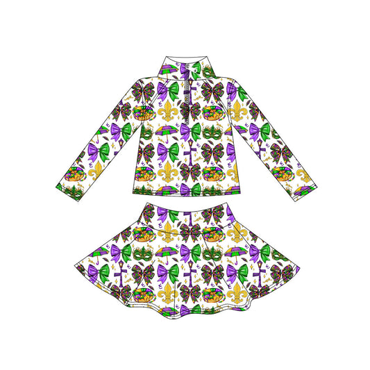 Custom moq 5 mix size milk silk summer baby girls clothes mardi gras bow long sleeve skirts sets-25.11.7