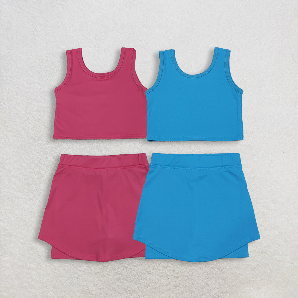 RTS NO MOQ Sibling baby girl clothes Solid Blue Sleeveless Midi Skirt Yoga Sets