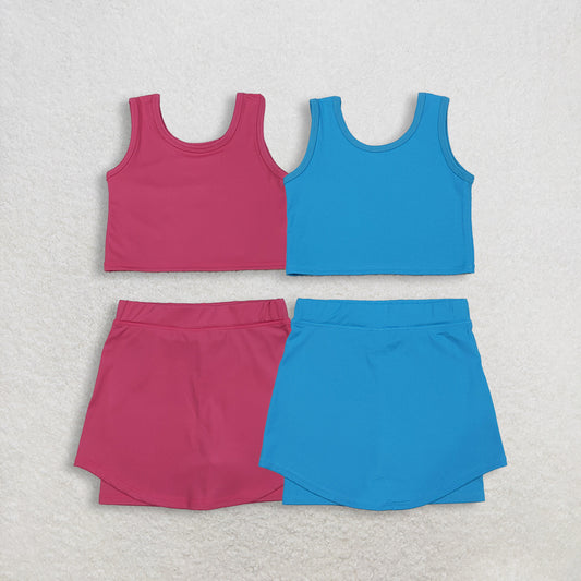 RTS NO MOQ Sibling baby girl clothes Solid Blue Sleeveless Midi Skirt Yoga Sets